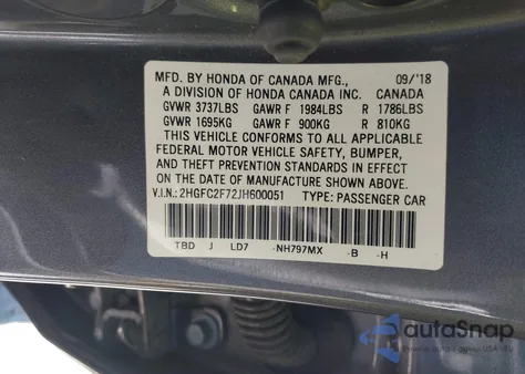 2018 Honda Civic Ex z USA, uszkodzony, nr VIN 2HGFC2F72JH600051